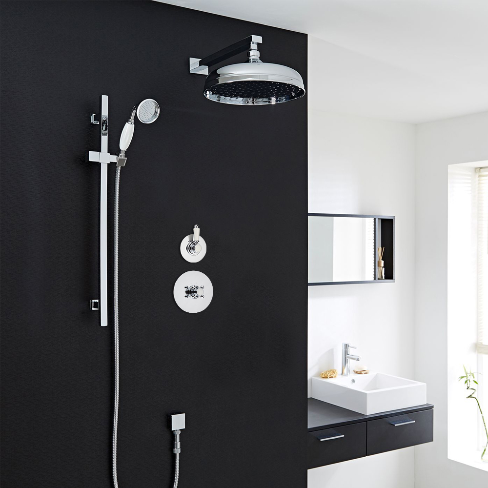 Traditional 2-Outlet Shower System with 12" Apron Head, Body Jets & Diverter Valve