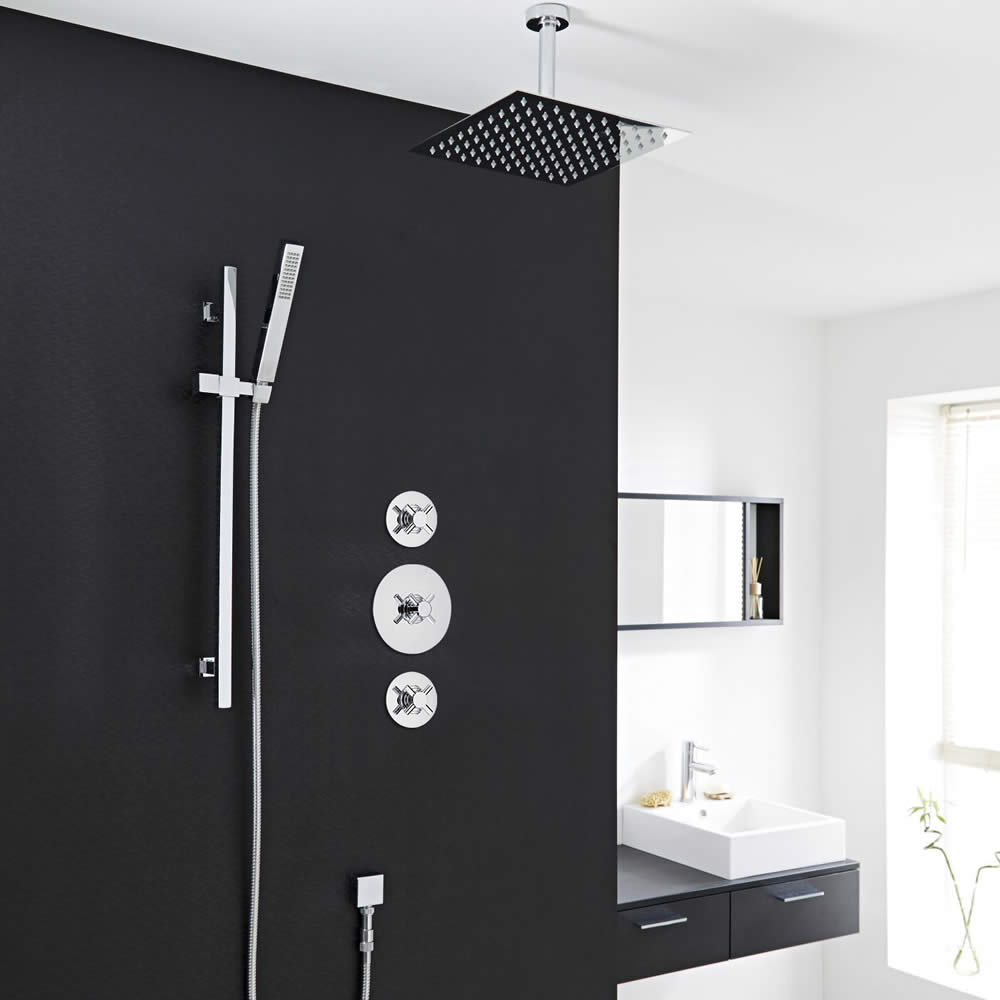 2-Outlet Shower System with 8" Square Head, Hand Shower & Shut-Off Valves