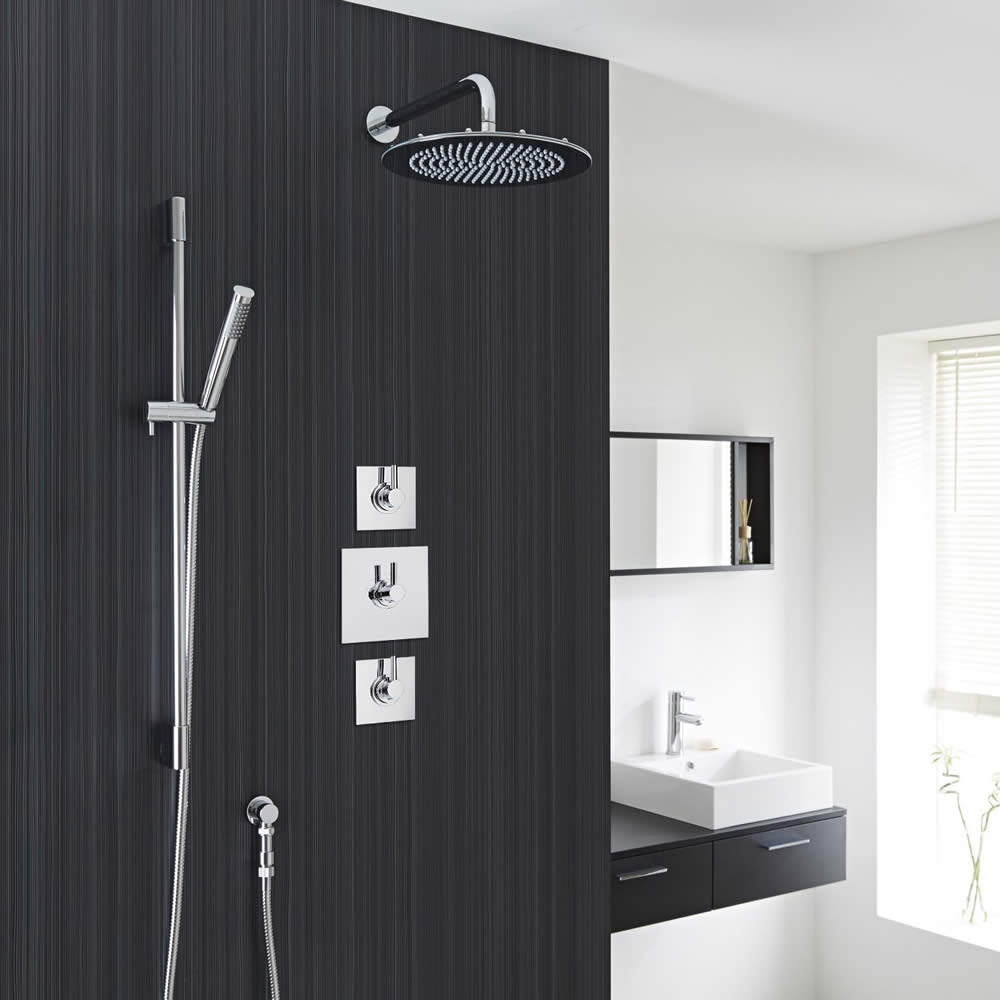 Modern 2-Outlet Shower System with 8" Round Head, Hand Shower & Shut-Off Valves