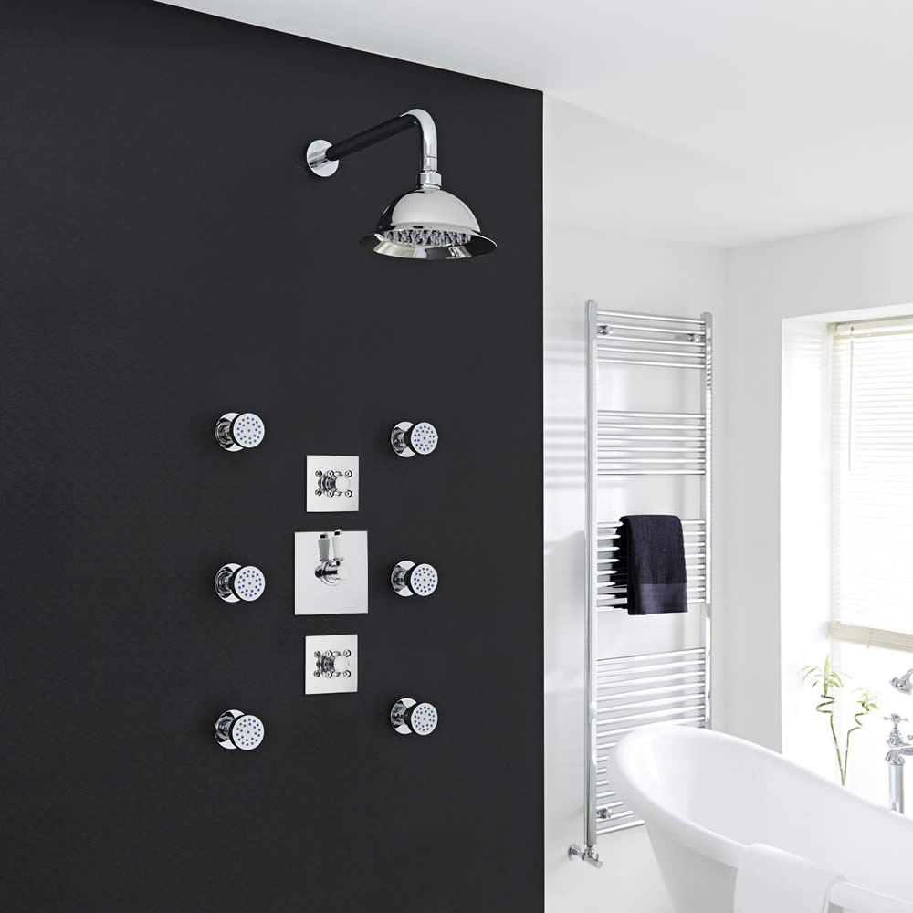 Traditional 2-Outlet Shower System with 8" Rose Head, Body Jets & Shut-Off Valves