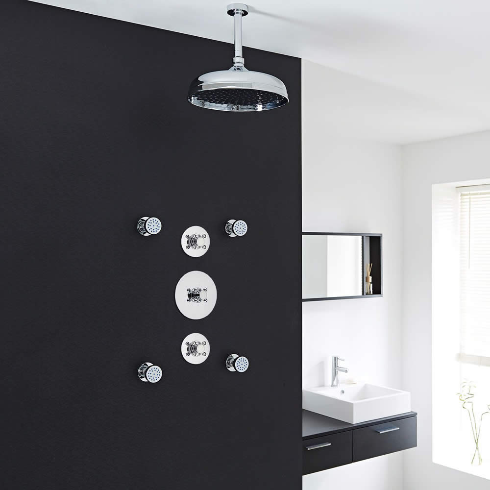Traditional 2-Outlet Shower System with 12" Apron Head, Body Jets & Shut-Off Valves