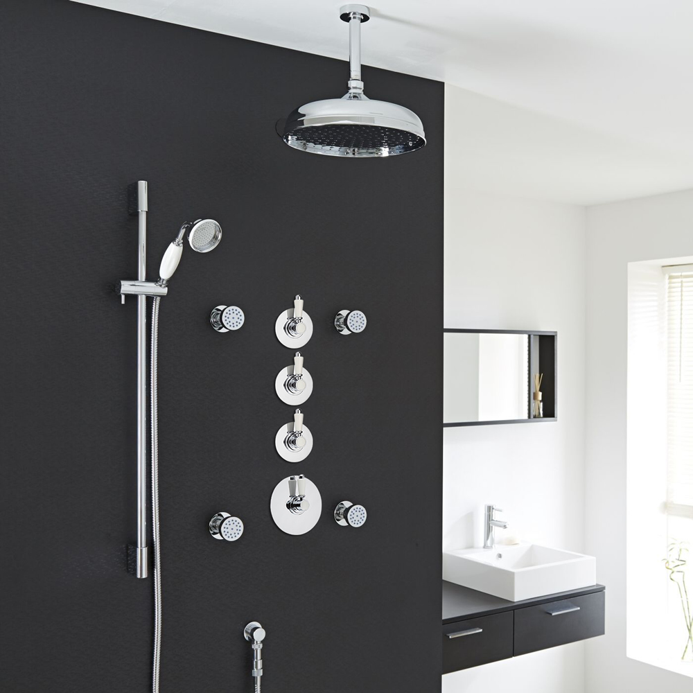 Traditional Shower System with 12" Apron Head, Body Jets & Shut-Off Valves