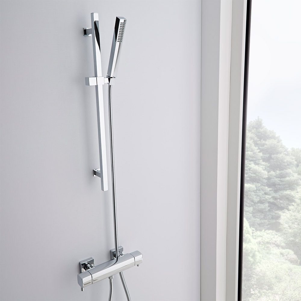 Square Thermostatic Chrome Bar Shower Valve Faucet with Slider Rail Kit
