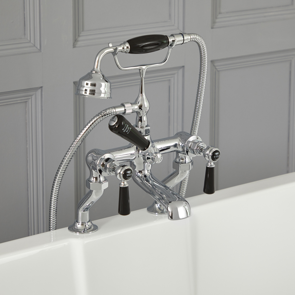 Elizabeth - Traditional Deck Mounted Tub Faucet with Telephone Style Hand Shower - Chrome/Black