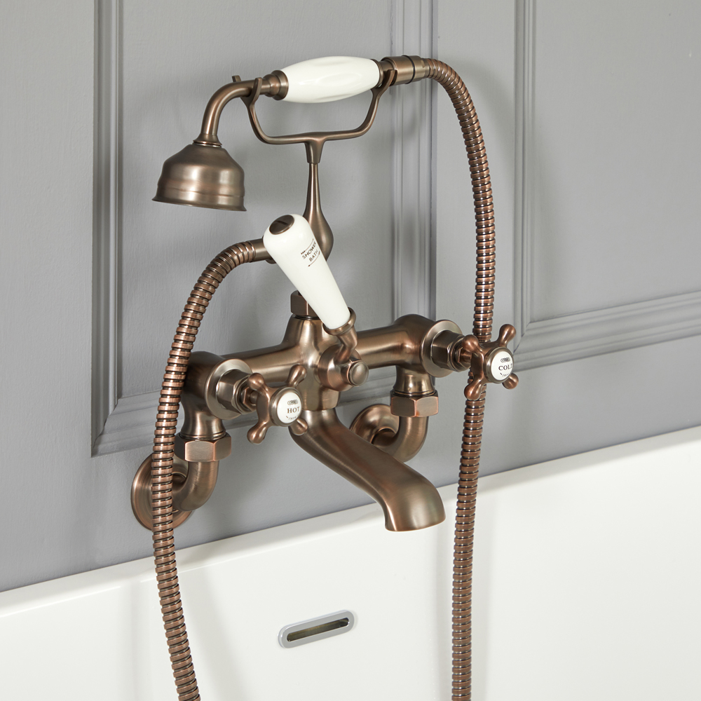 Elizabeth - Traditional Wall Mounted Cross Handle Tub Faucet with Telephone Style Hand Shower - Multiple Finishes Available