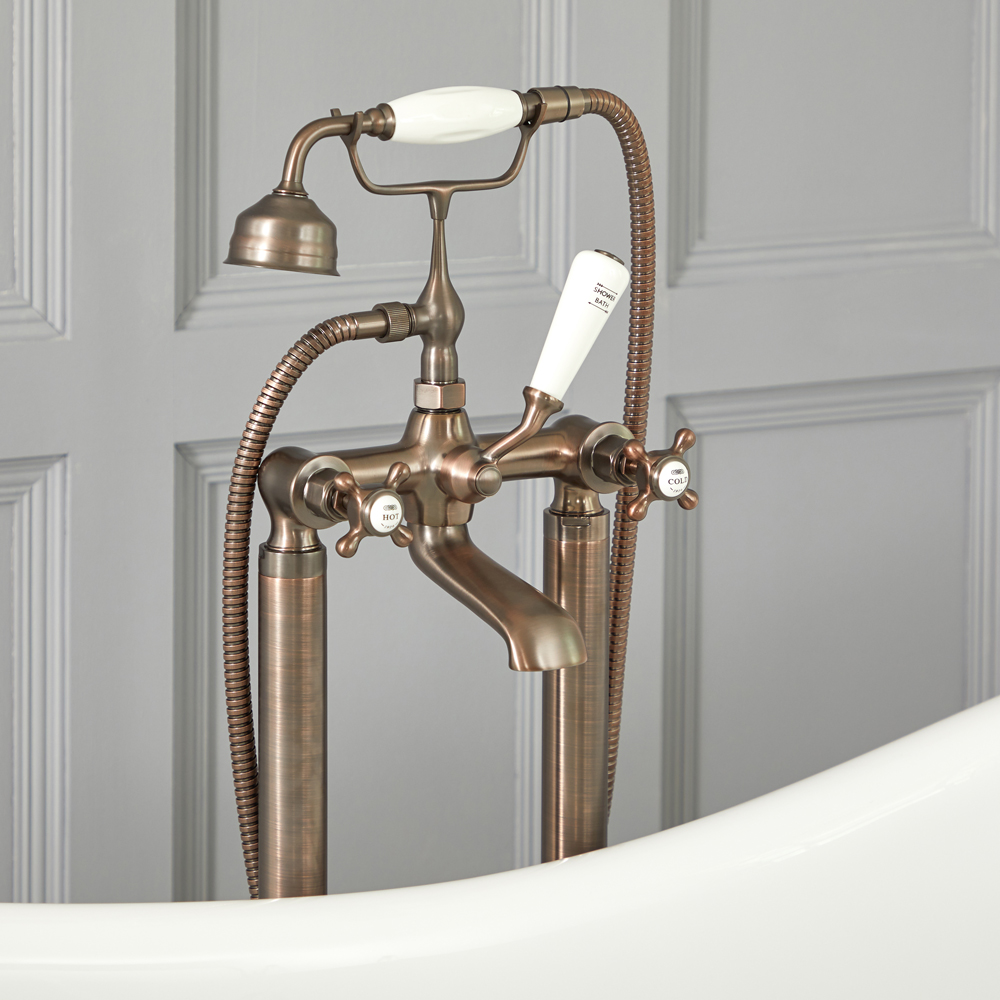 Elizabeth - Tradtional Freestanding Cross Handle Tub Faucet with Telephone Style Hand Shower - Multiple Finishes Available