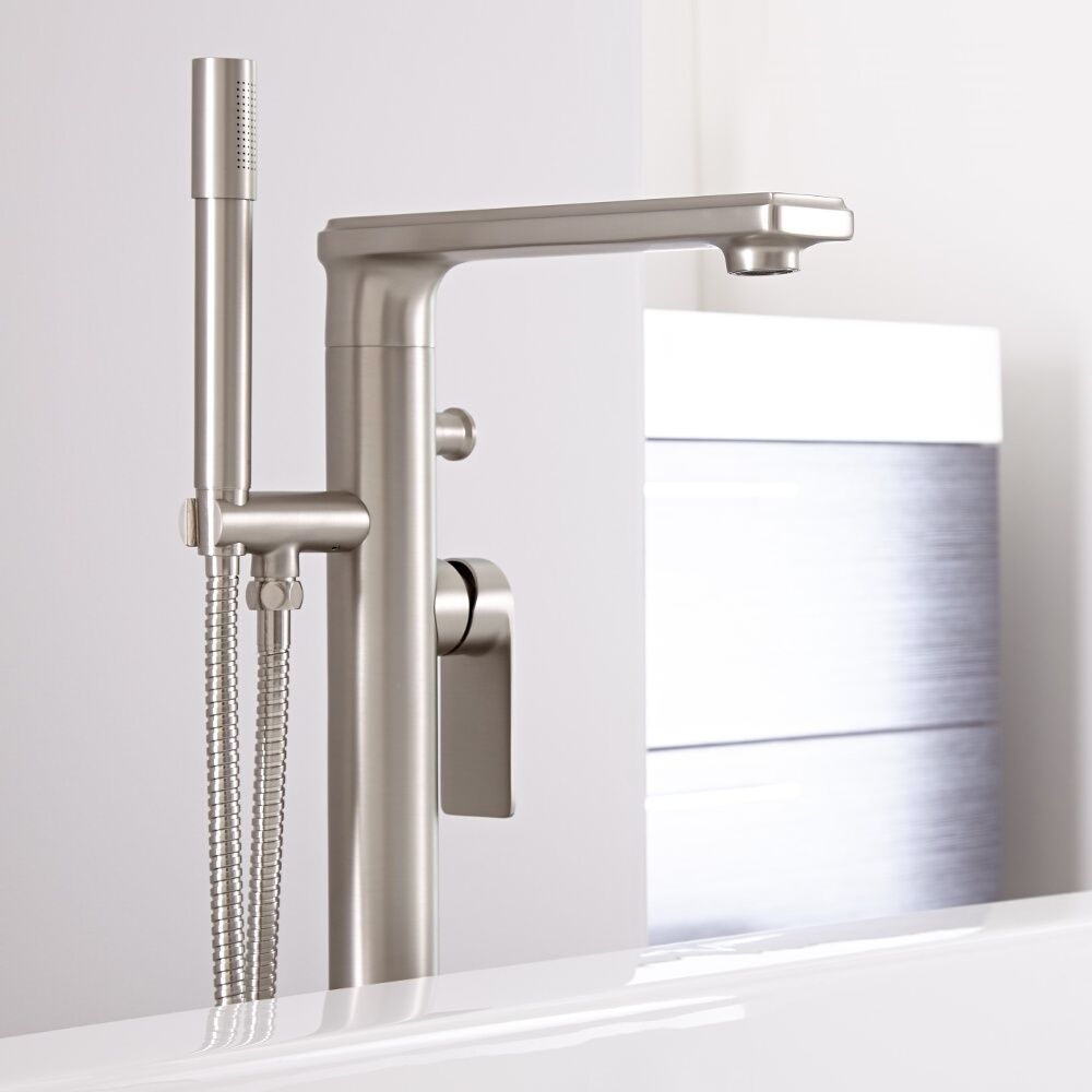 Eclipse Brushed Nickel Modern Freestanding Tub Faucet With Hand
