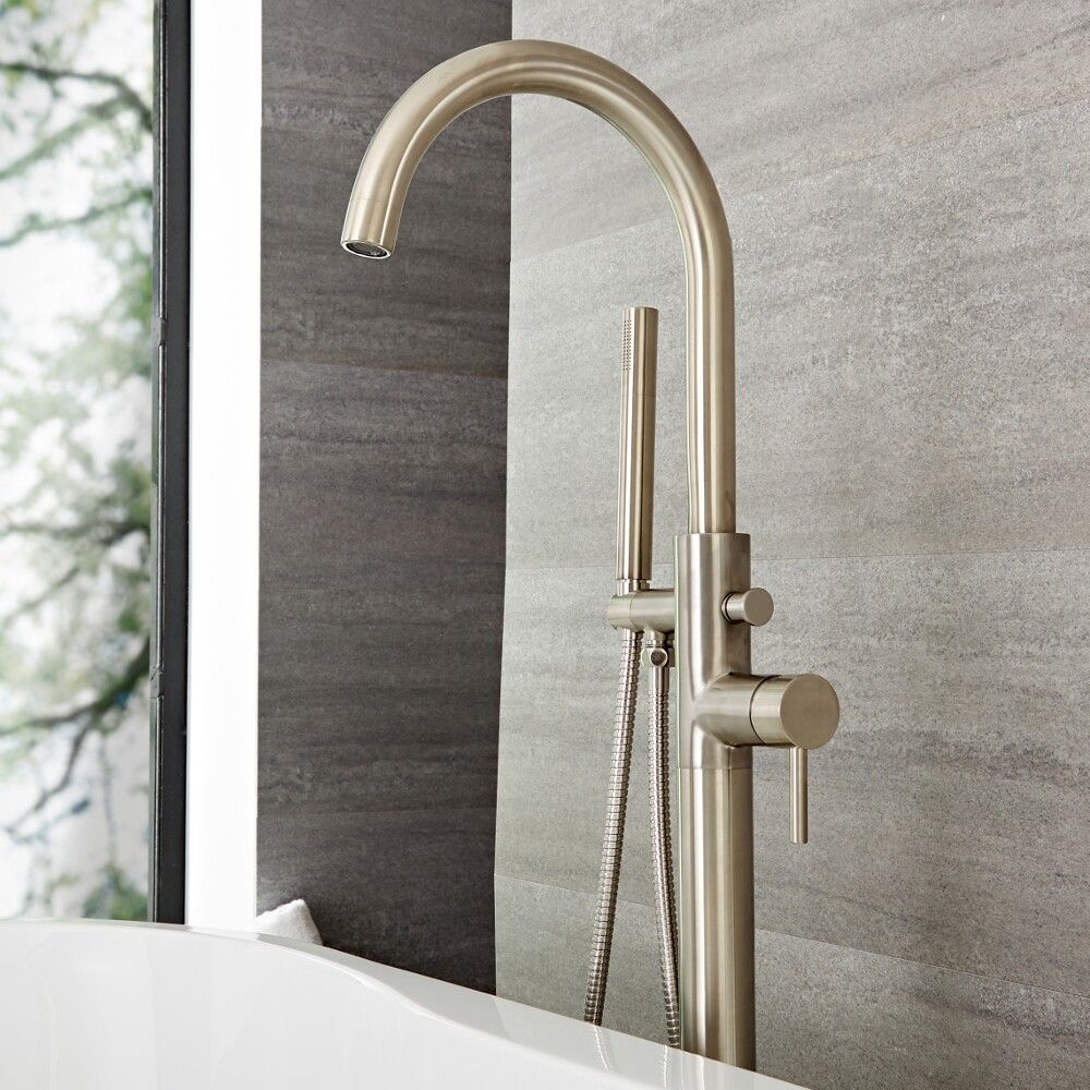 Quest Brushed Nickel Freestanding Tub Faucet With Hand Shower