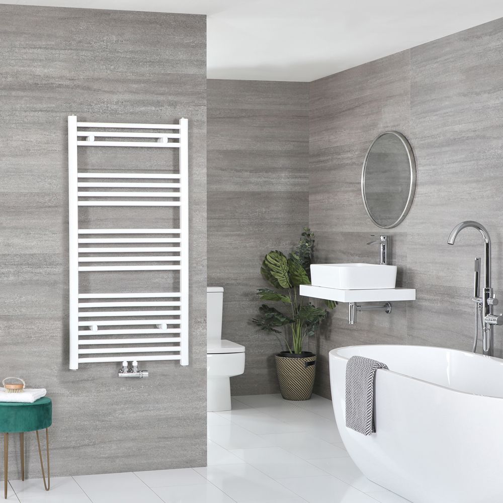 Neva - White Hydronic Central Connection Flat Towel Warmer - 46 3/4” x 19 5/8”