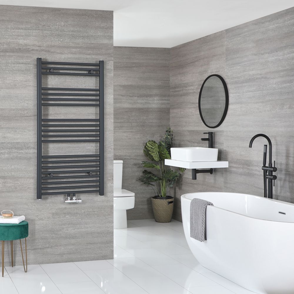 Neva - Anthracite Hydronic Central Connection Flat Towel Warmer - 46 3/4” x 19 5/8”