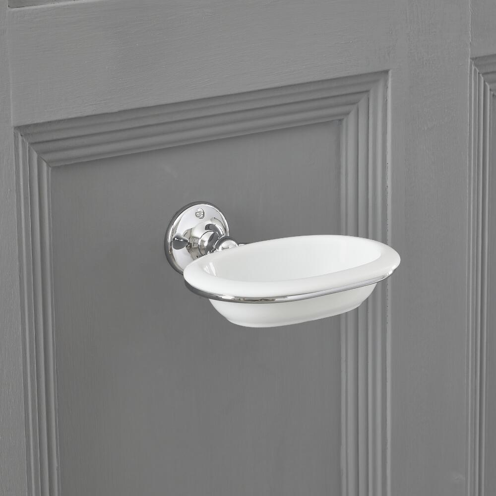 Attractive Soap Dish in Chrome Finish & White Ceramic Dish