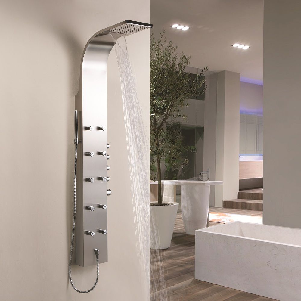 Thermostatic Shower Panel with 10 Mini Body Jets and Waterfall Head - Stainless Steel