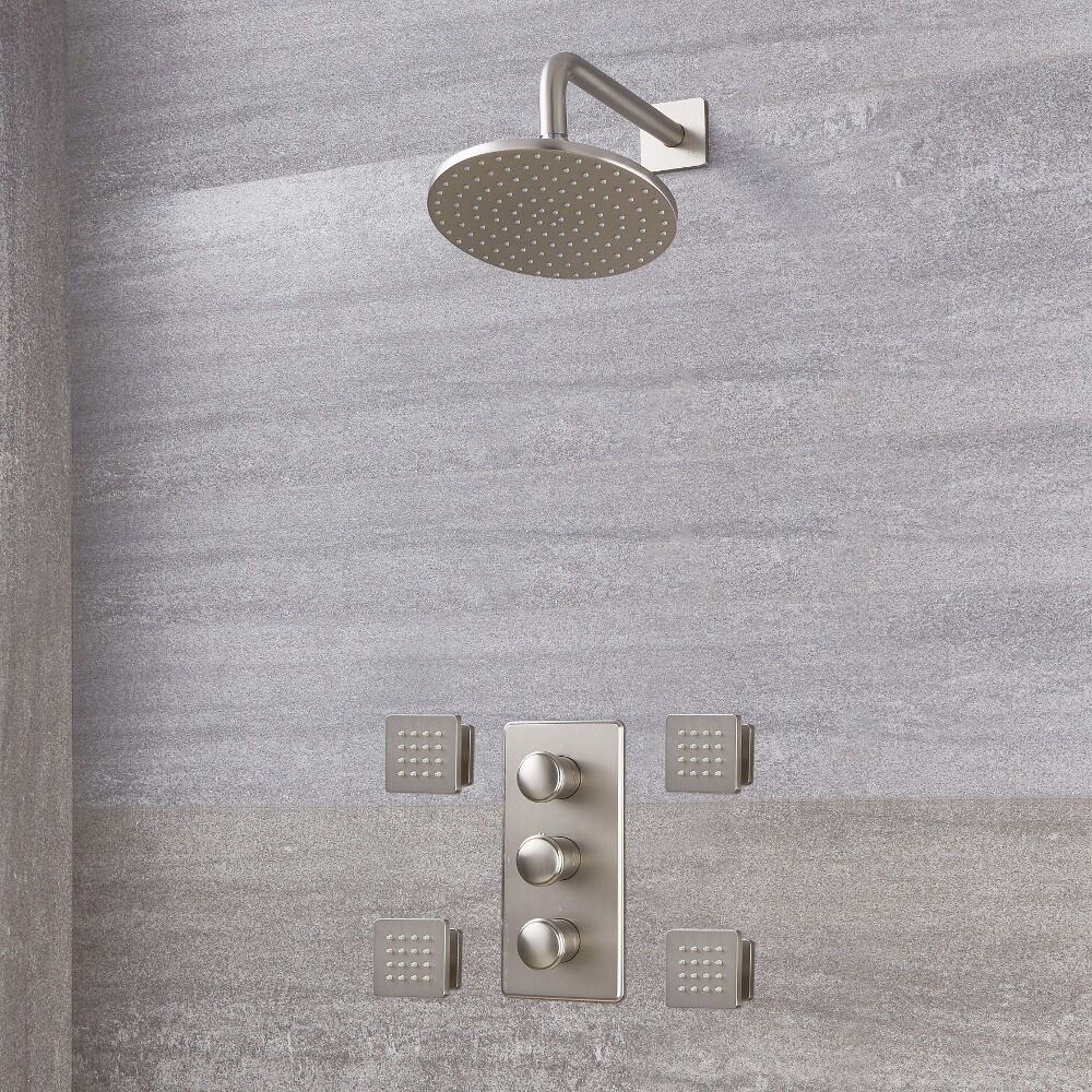 Eclipse Thermostatic Brushed Nickel Shower System with 8" Shower Head and 4 Body Sprays