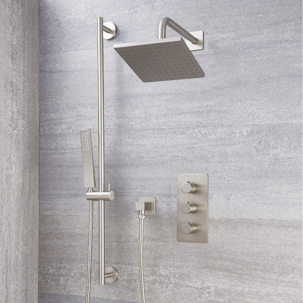 Arcadia Thermostatic Brushed Nickel Shower System with 8" Shower Head and Slide Rail Kit
