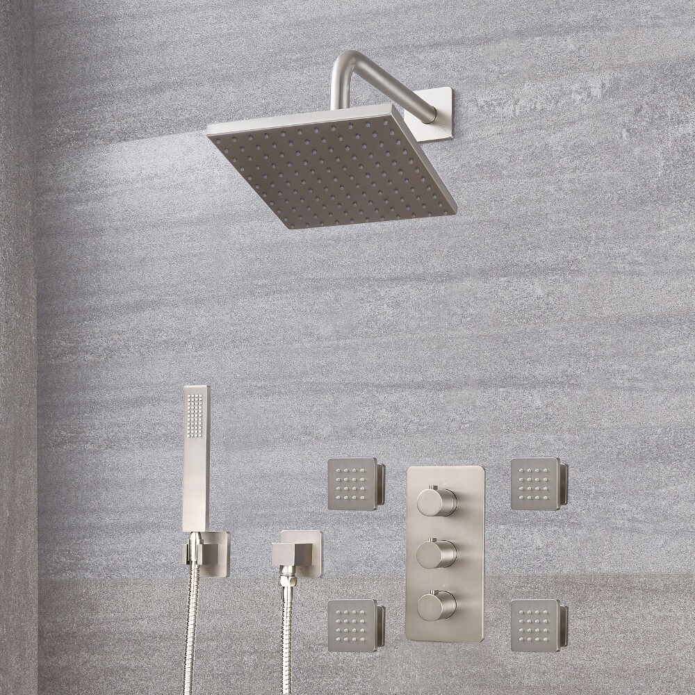 Arcadia Thermostatic Brushed Nickel Shower System with 8" Shower Head, Handshower and 4 Body Sprays