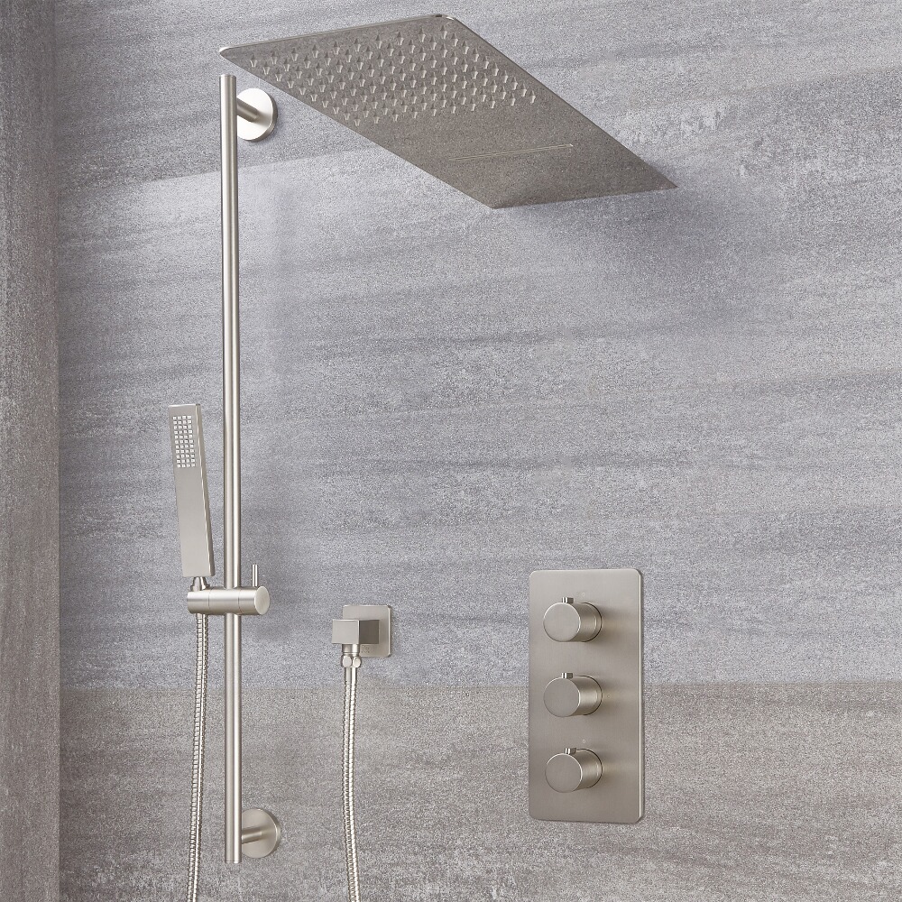Arcadia Thermostatic Brushed Nickel Shower System with Waterfall Head and Slide Rail Kit