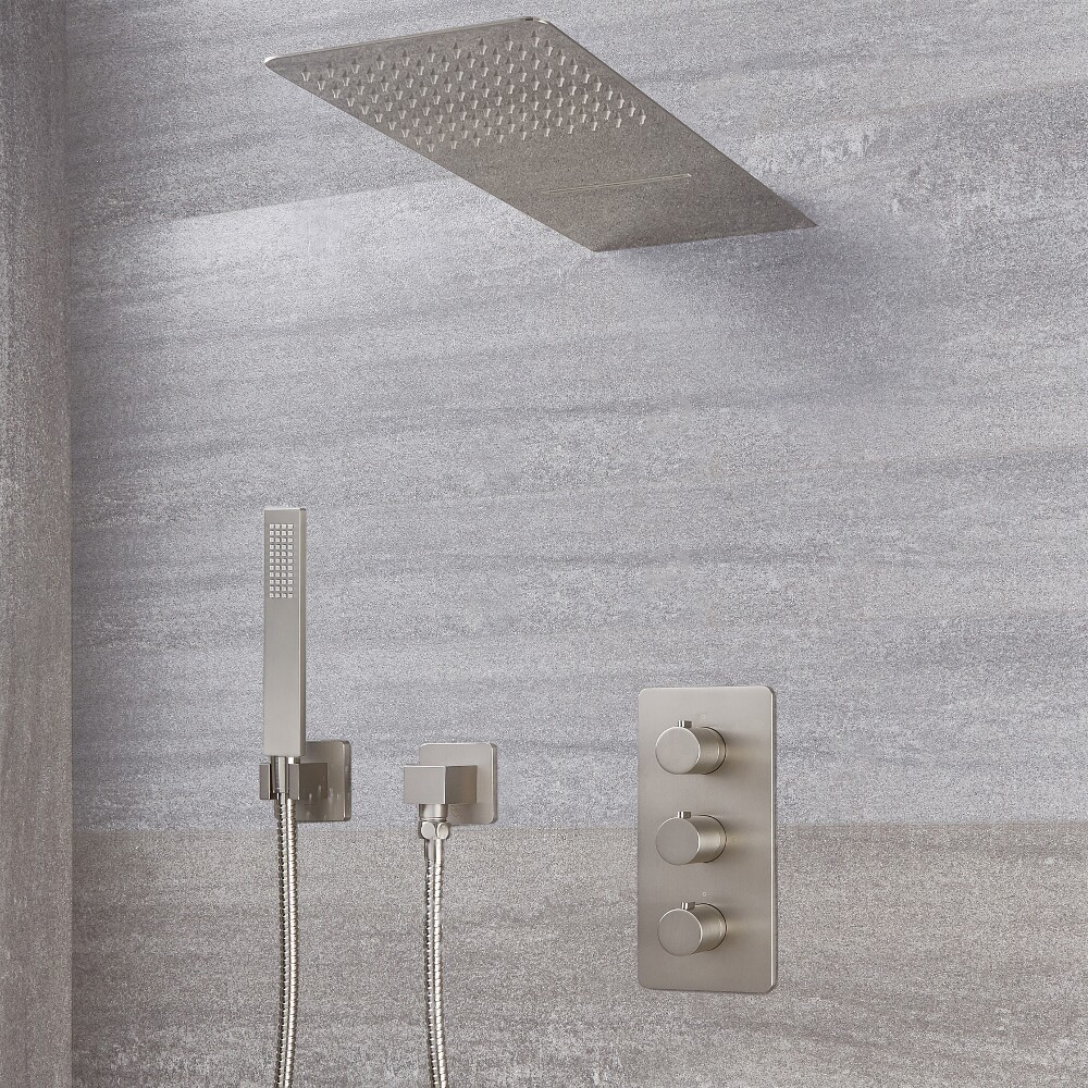 Arcadia Thermostatic Brushed Nickel Shower System with Waterfall Head and Handshower