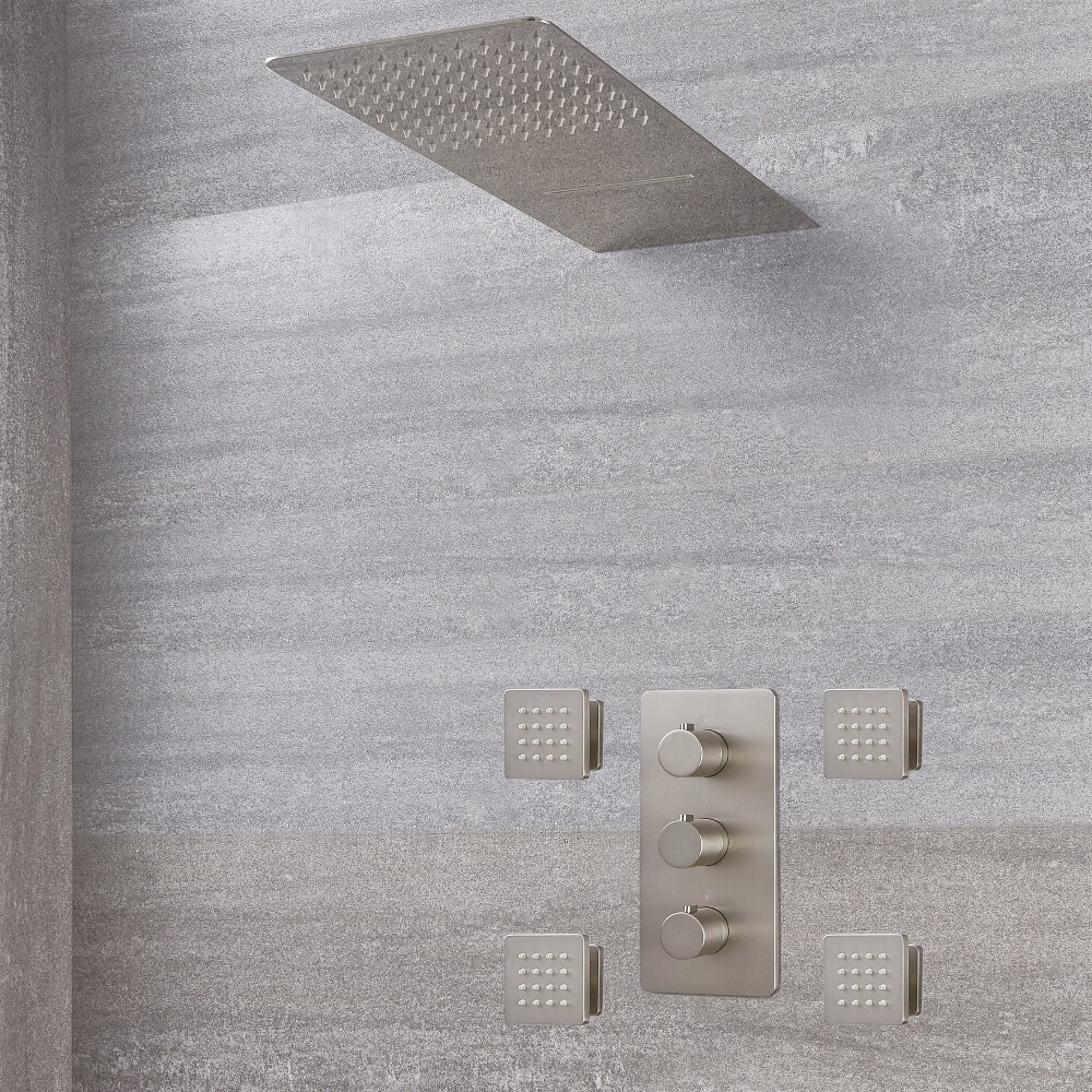 Arcadia Thermostatic Brushed Nickel Shower System with Waterfall Head and Jets