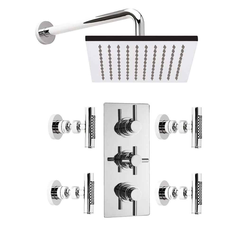 Concealed Thermostatic Shower Valve with Square Fixed Head and 4 Body Sprays - Chrome Finish