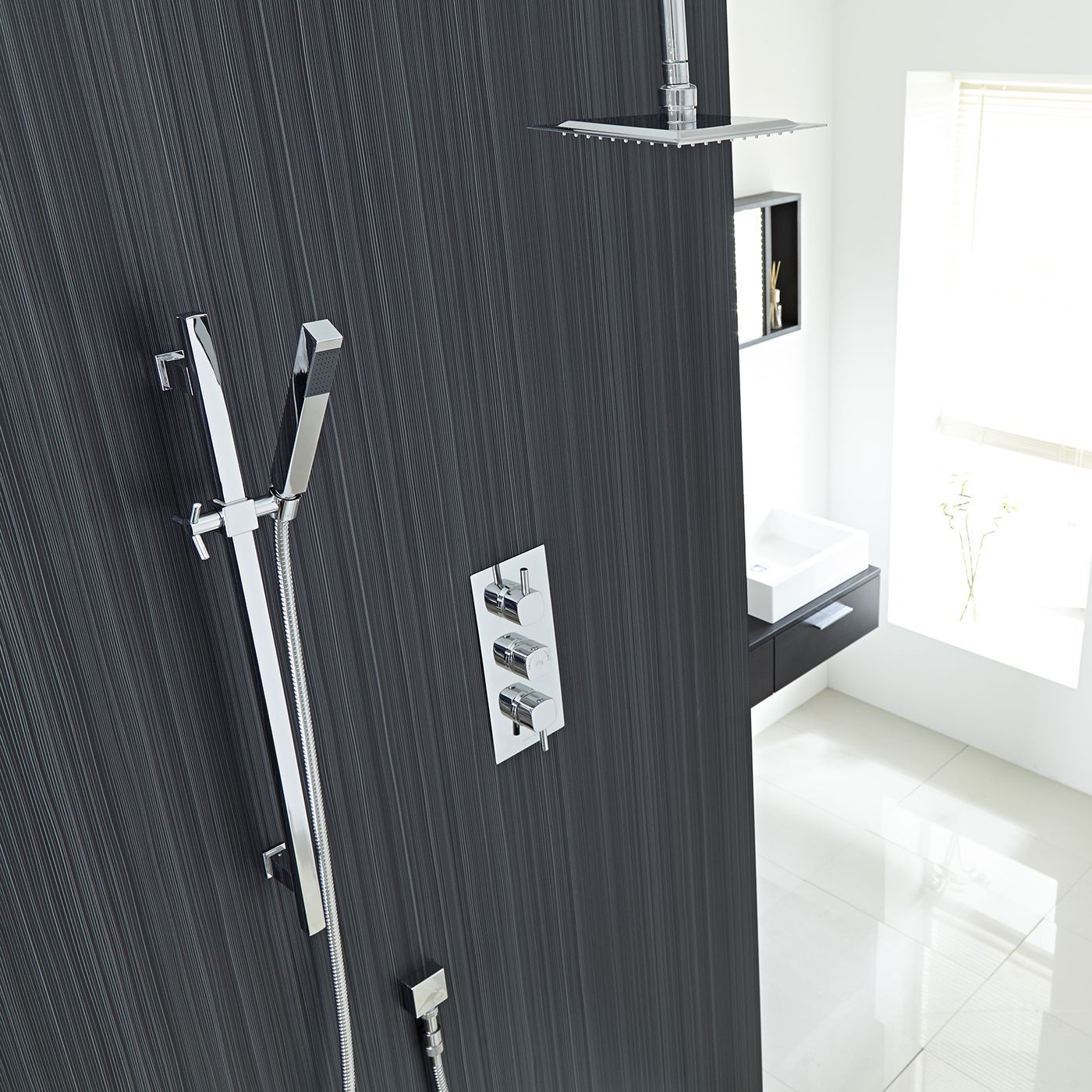Chrome Square Slide Rail Kit, Chrome Square Thermostatic Triple Shower Valve and 8" Ceiling Head