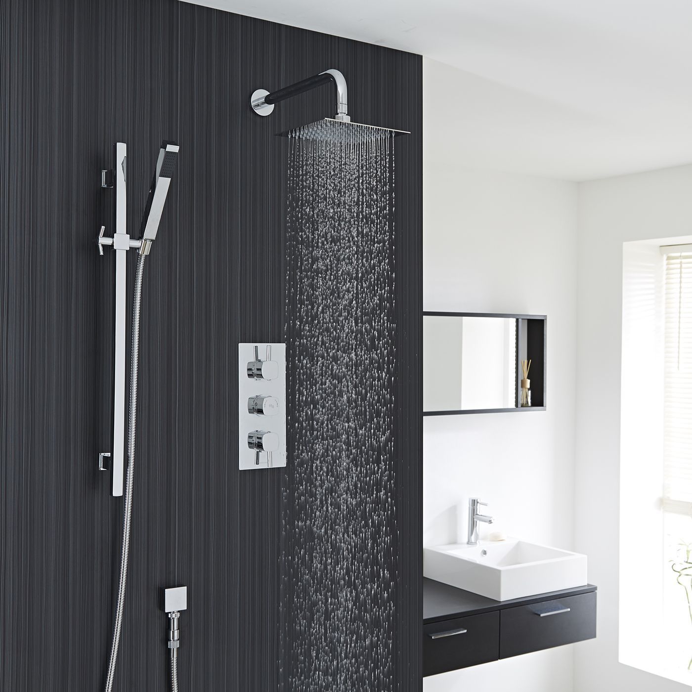 Chrome Square Slide Rail Kit With Thermostatic Triple Shower Valve and 8" Shower Head
