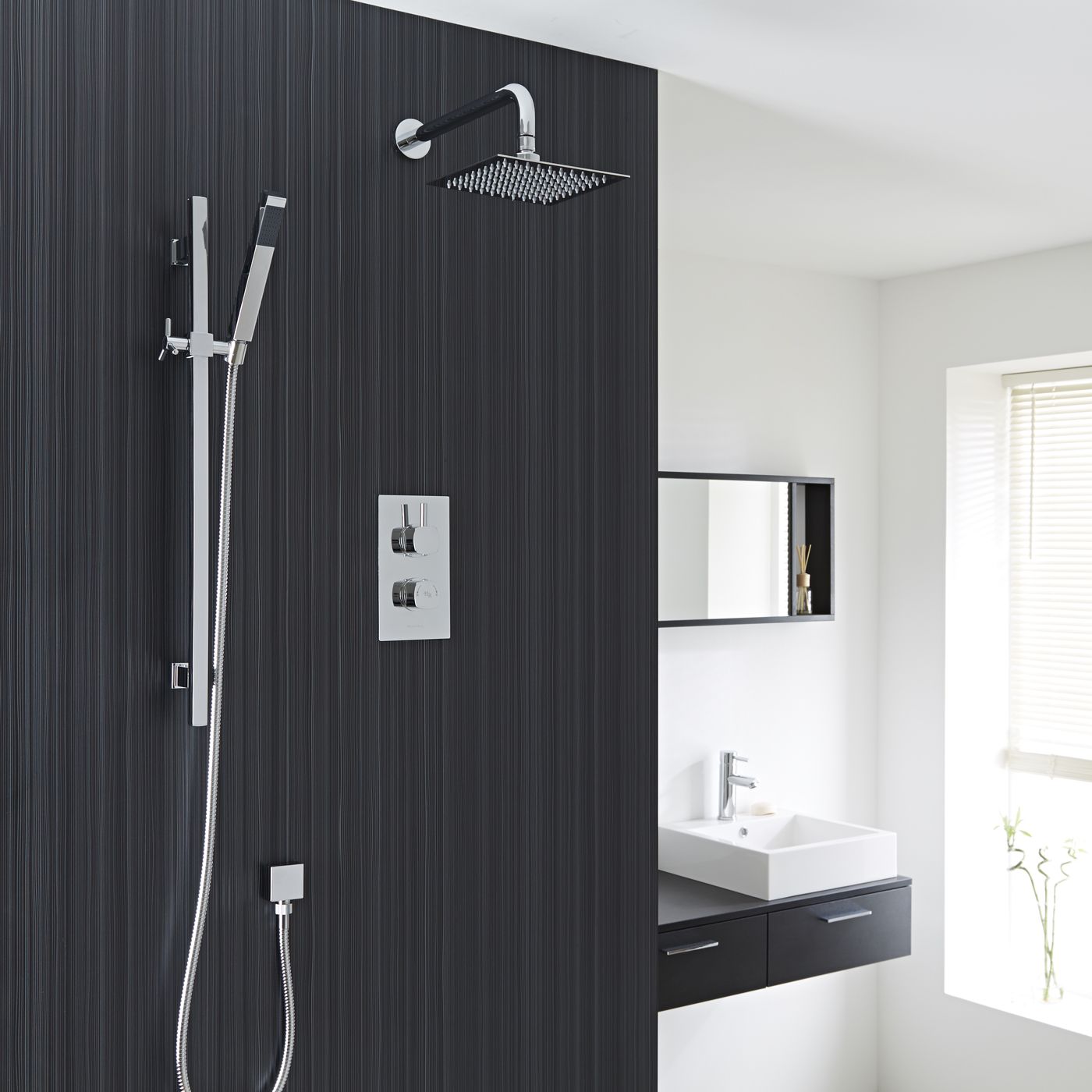 Kia/Jule Twin Concealed Thermostatic Shower With Diverter, 8" Square Head and Slider Rail Kit