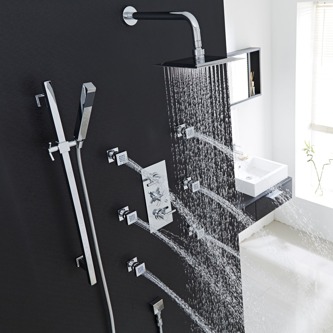 Thermostatic Shower System with Curved Arm, Slide Rail Kit & 6 Body Jets