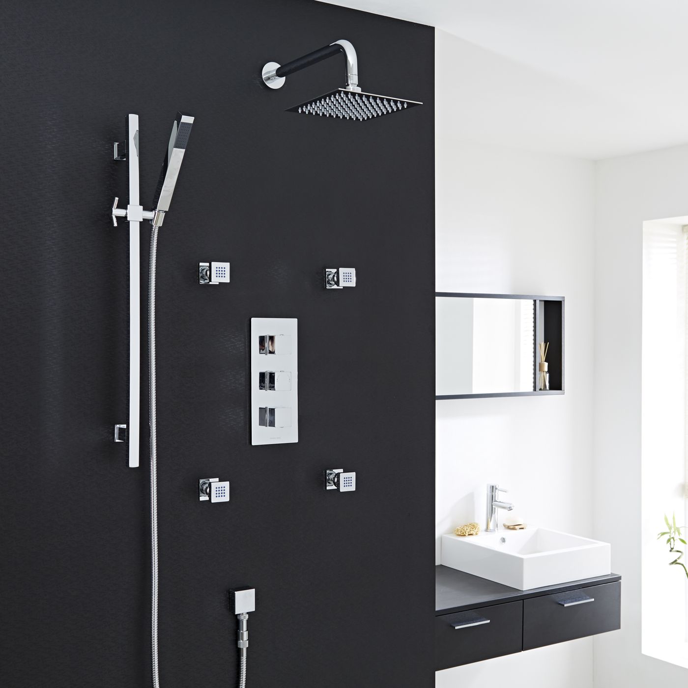 Thermostatic Shower System with Curved Arm, Slide Rail Kit & 4 Body Jets