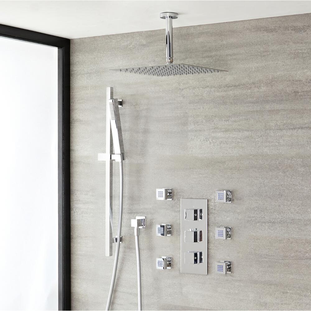 Kubix Thermostatic Chrome Shower System with Ceiling Mount 12" Shower Head, Slide Rail Kit and 4 Body Sprays
