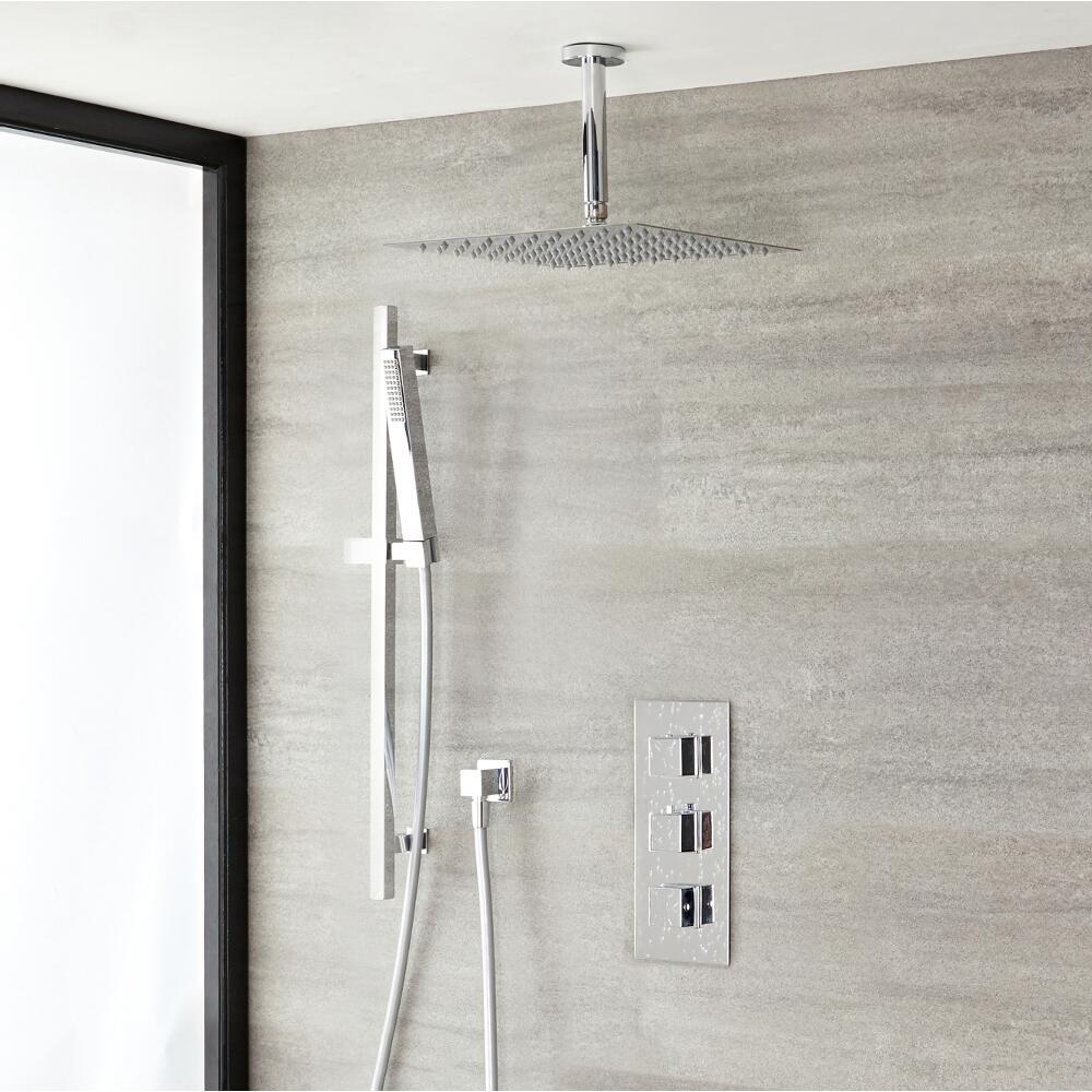 Kubix Thermostatic Chrome Shower System with Ceiling Mount 12" Shower Head and Slide Rail Kit