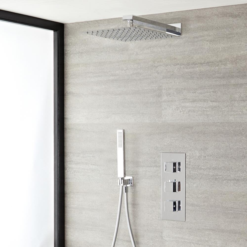 Kubix Thermostatic Chrome Shower System with Wall Mount 12" Shower Head and Hand Shower