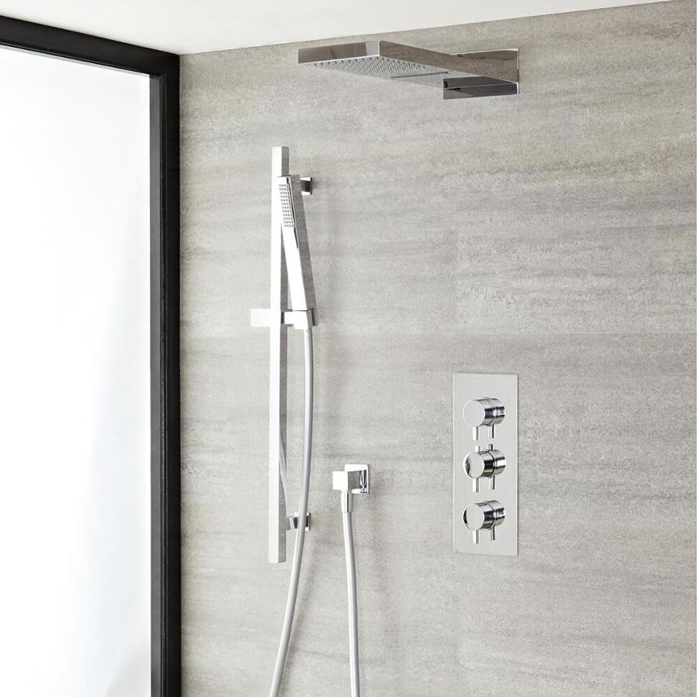 Quest Thermostatic Chrome Shower System with Waterfall Shower Head and Slide Rail Kit