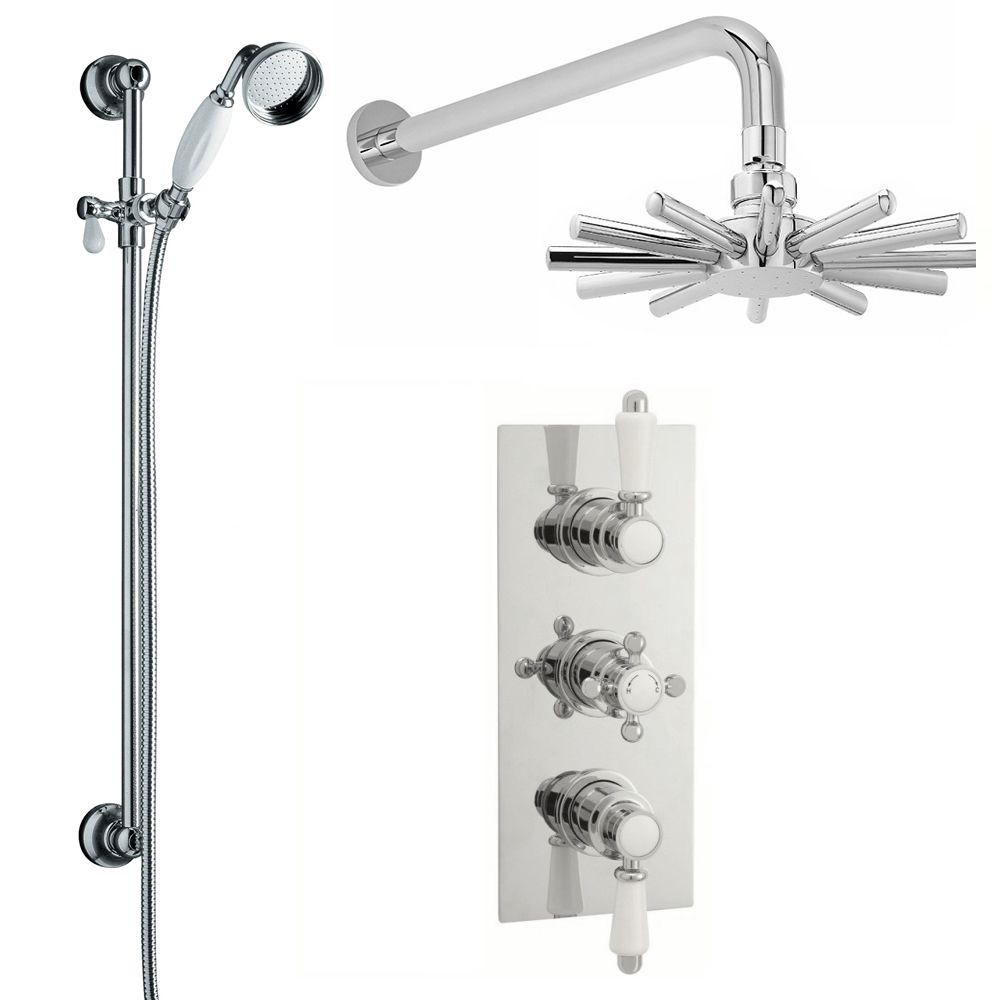 Traditional Thermostatic Shower Valve with Cloudburst Fixed Head and Slide Rail Kit - Chrome Finish