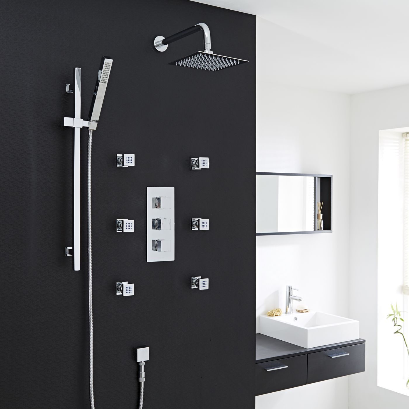 Thermostatic Shower System with Slider Rail Kit, Wall Arm & 6 Body Jets
