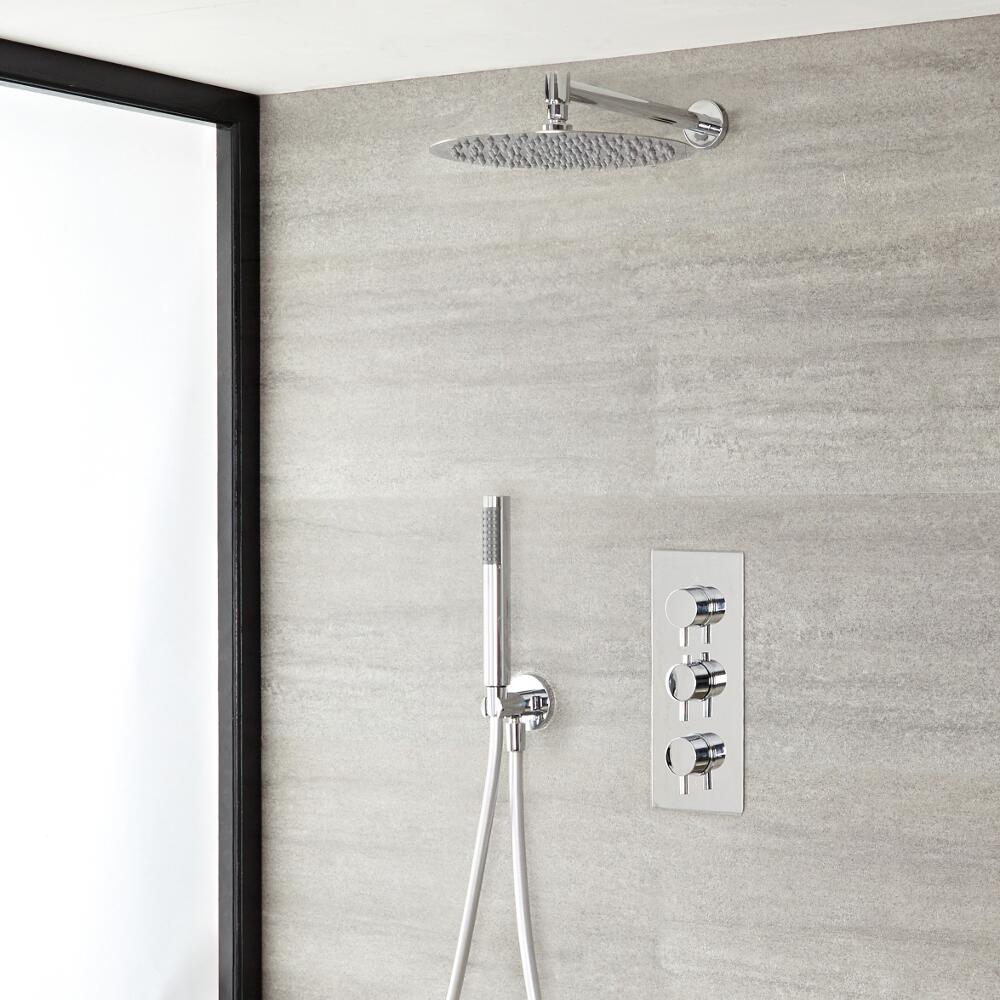 Quest Thermostatic Chrome Shower System with Wall Mount 12" Round Shower Head and Hand Shower