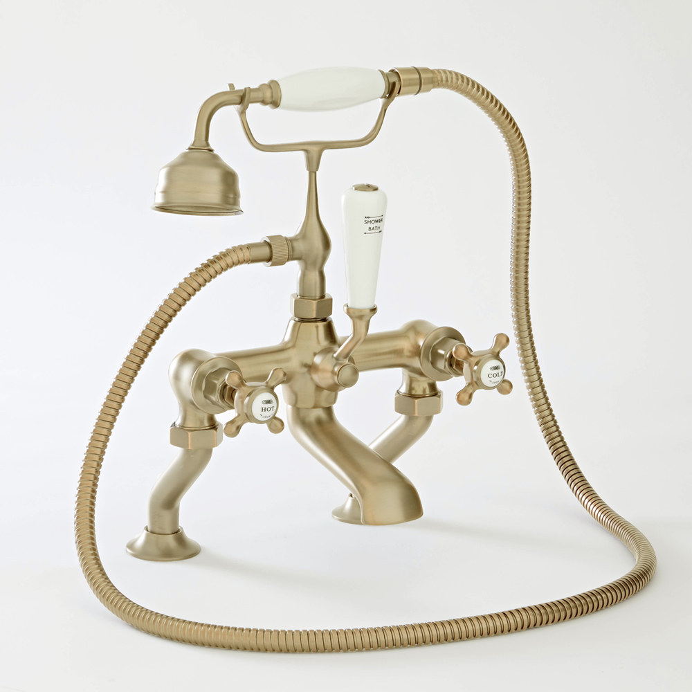 Elizabeth - Traditional Deck Mount Cross Handle Tub Faucet with Telephone Style Hand Shower - Brushed Gold