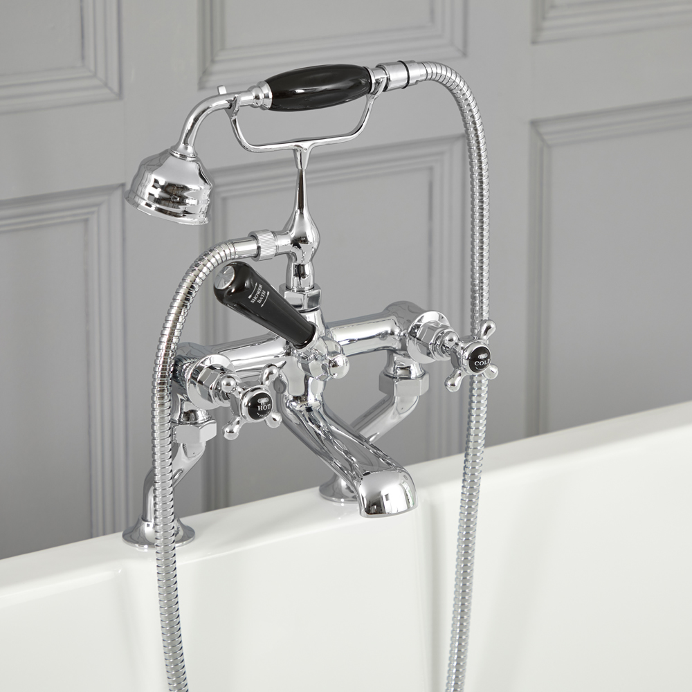 Elizabeth - Traditional Deck Mounted Cross Handle Tub Faucet with Telephone Style Hand Shower - Chrome/Black