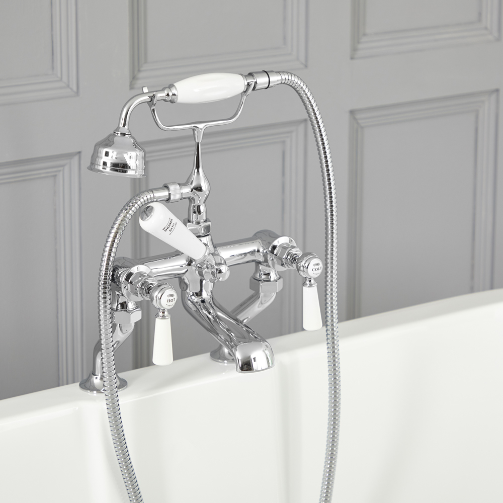 Elizabeth - Traditional Deck Mounted Tub Faucet with Telephone Style Hand Shower - Chrome/White