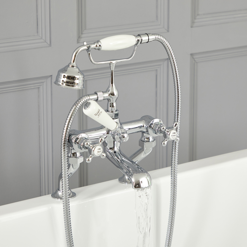 Elizabeth - Traditional Deck Mounted Cross Handle Tub Faucet with Telephone Style Hand Shower - Chrome/White