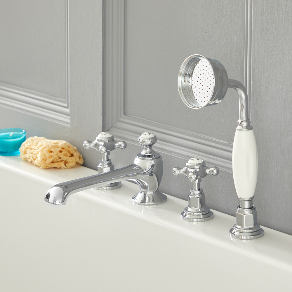 Elizabeth - Traditional Cross Handle Roman Tub Faucet - Chrome/White