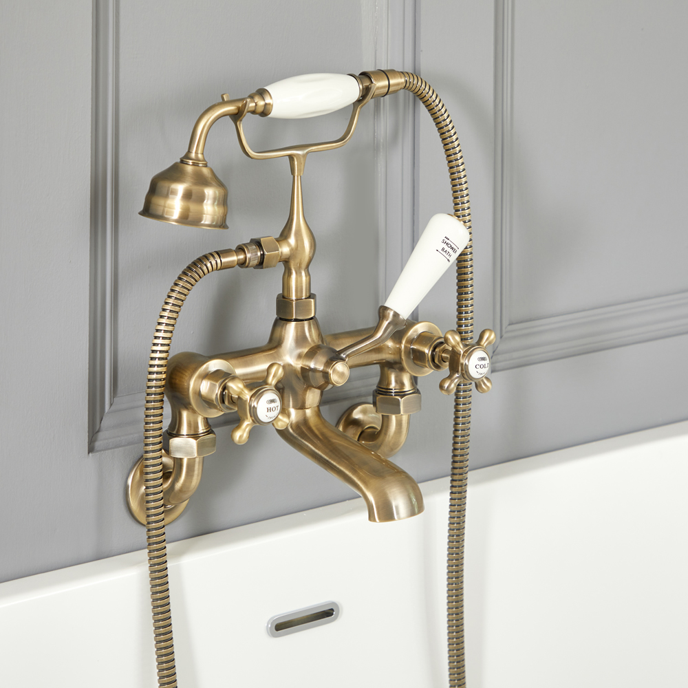 Elizabeth - Traditional Wall Mounted Tub Faucet with Telephone Style Hand Shower - Brushed Gold