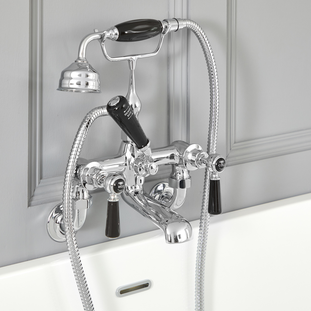 Elizabeth - Traditional Wall Mounted Tub Faucet with Telephone Style Hand Shower - Chrome/Black