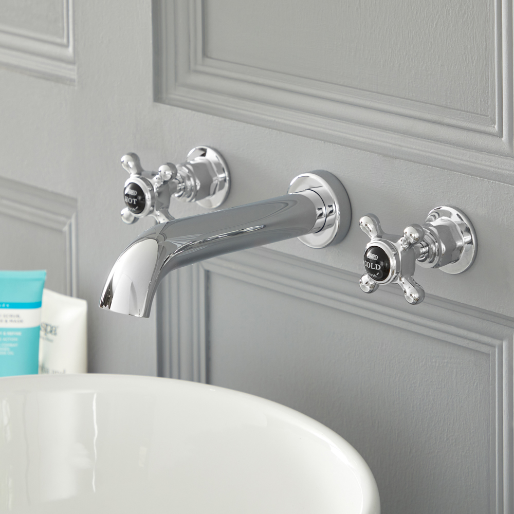 Elizabeth - Traditional Wall Mounted Cross Handle Widespread Bathroom Faucet - Chrome/Black