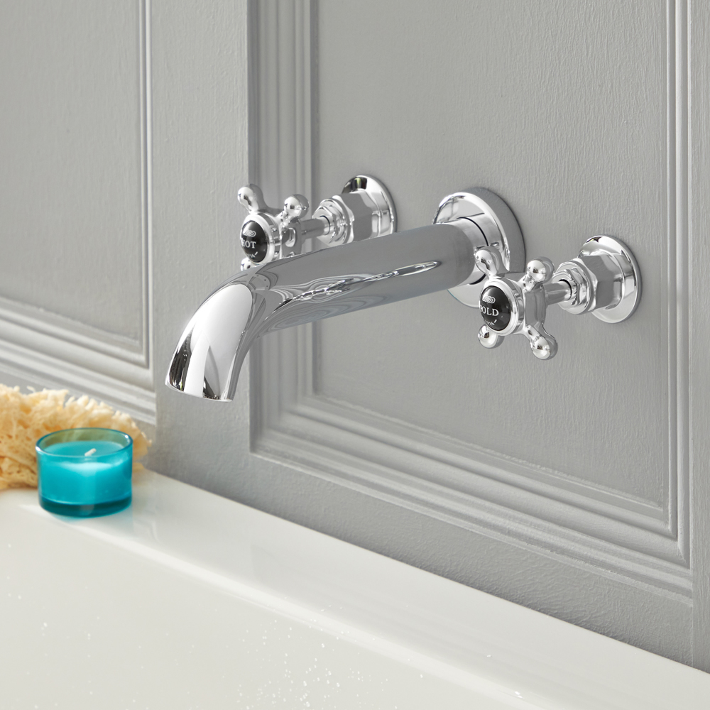 Elizabeth - Traditional Wall Mounted Cross Handle Widespread Tub Faucet - Chrome/Black