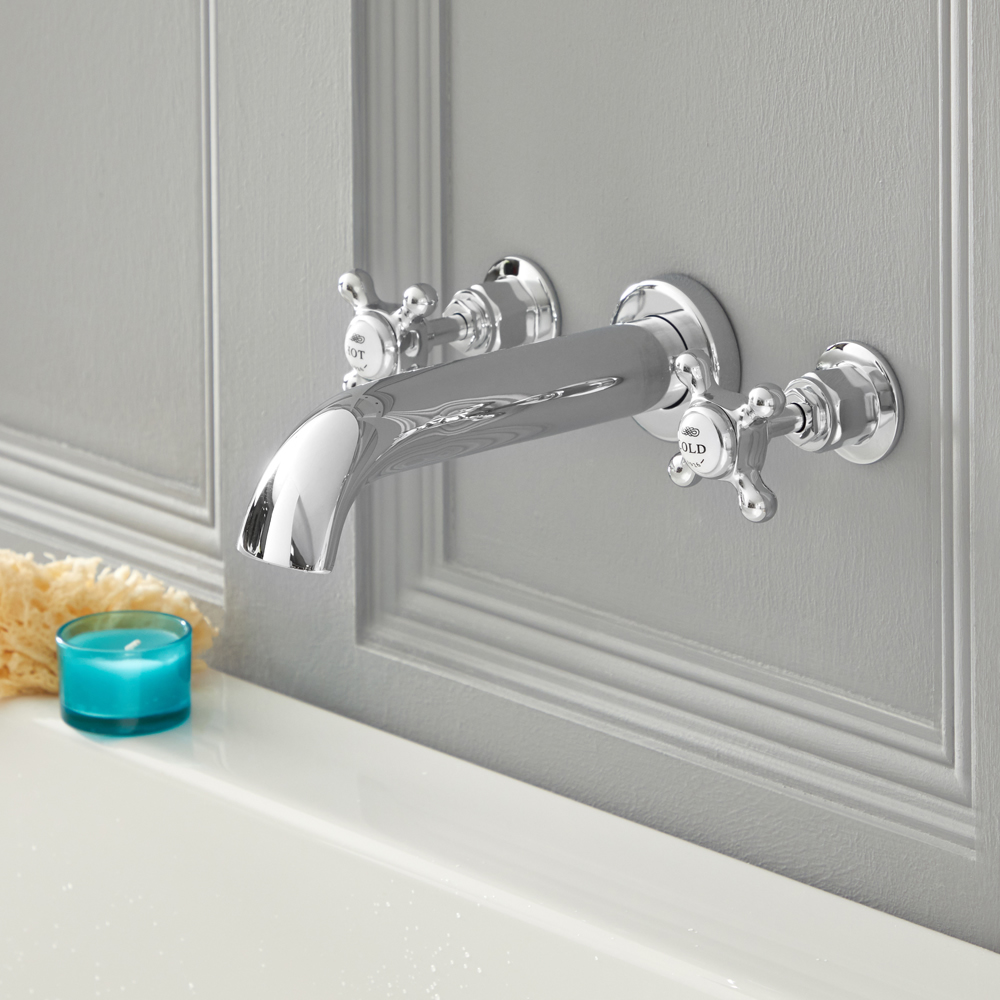 Elizabeth - Traditional Wall Mounted Cross Handle Widespread Tub Faucet - Chrome/White