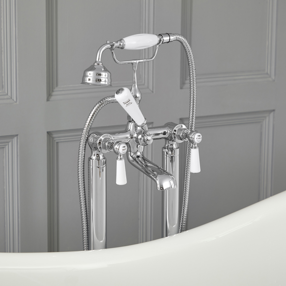 Elizabeth - Traditional Freestanding Tub Faucet with Telephone Style Hand Shower - Chrome/White