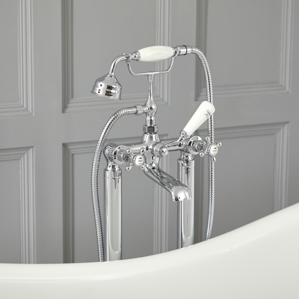 Elizabeth - Traditional Freestanding Cross Handle Tub Faucet with Telephone Style Hand Shower - Chrome/White