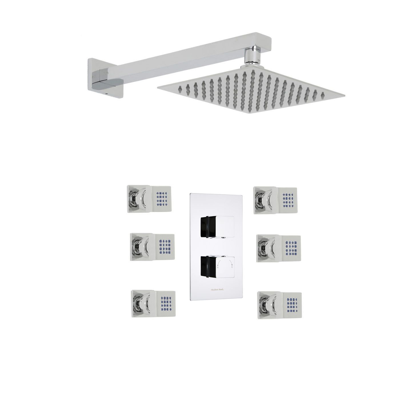Kubix Thermostatic 2 Outlet Shower System with 8" Square Head & 6 Square Jet Sprays