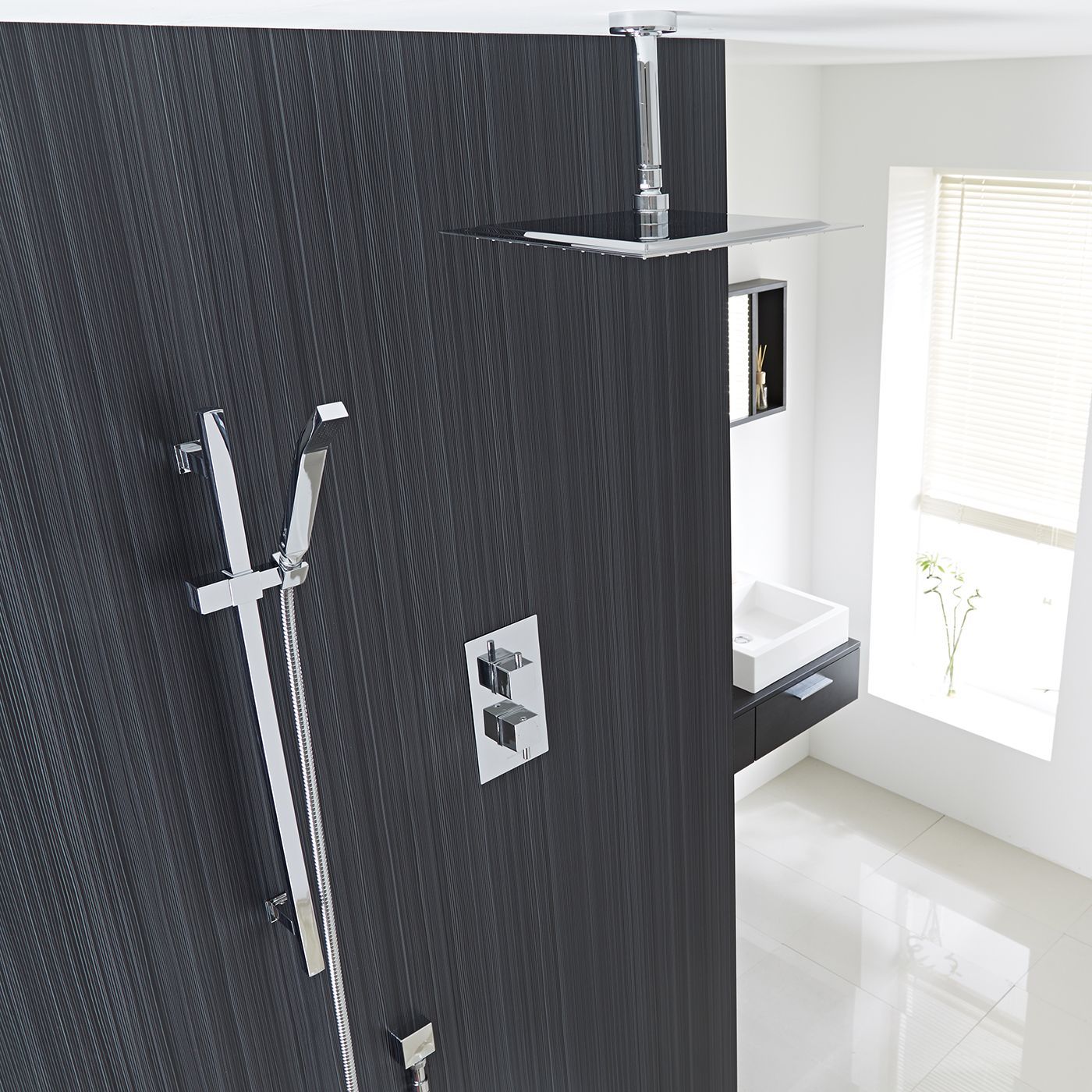 Square Thermostatic 2 Outlet Shower System with 12" Ceiling Head & Handshower