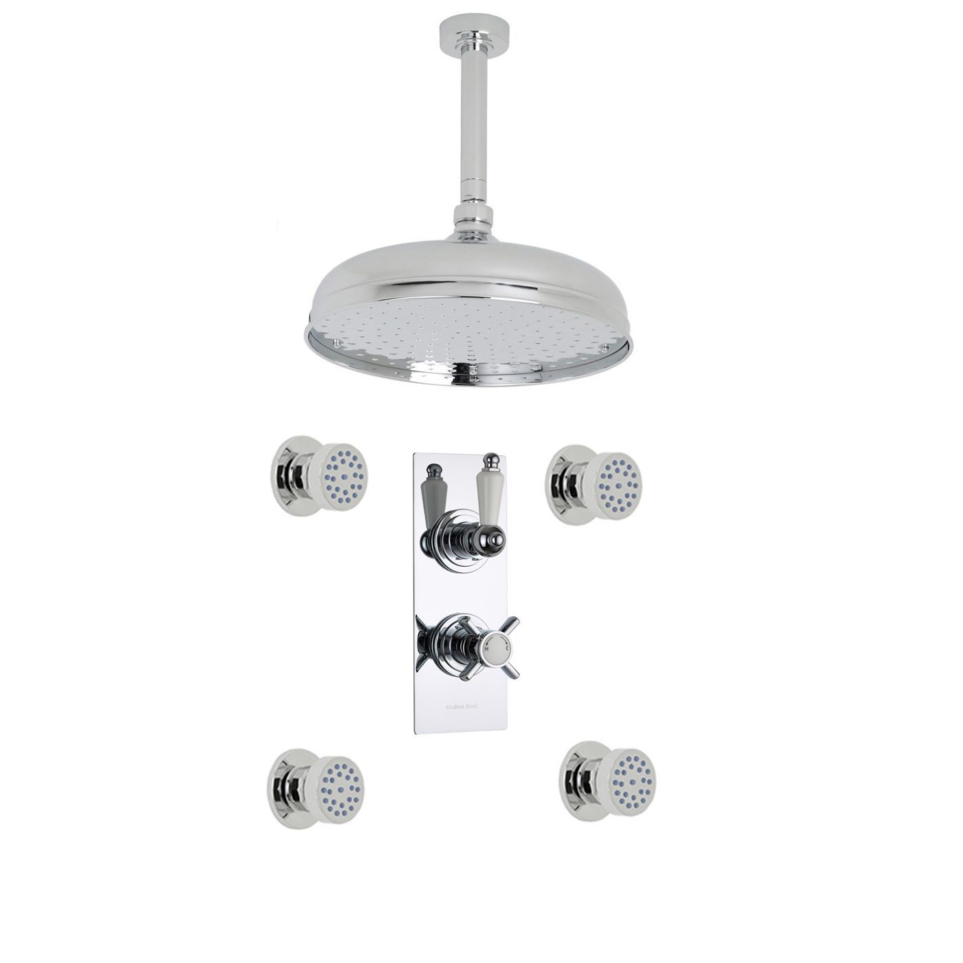 Beaumont Thermostatic 2 Outlet Shower System with 12" Ceiling Apron & 4 Round Jet Sprays